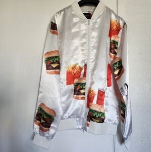 Forever 21 Men's Bomber Jacket Hamburger Soda Fries Pop Culture White Sheen READ